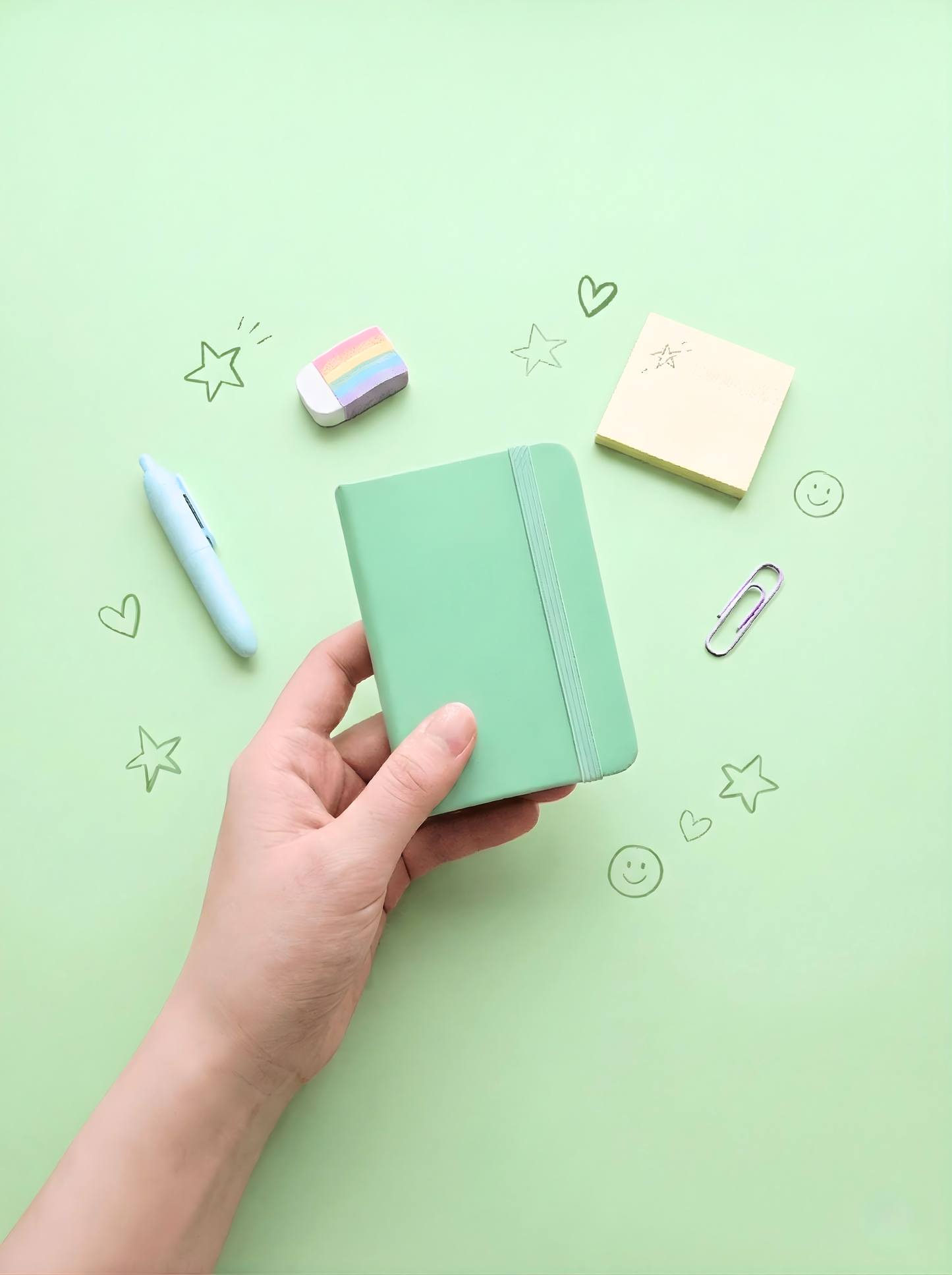 Hand holding a small green notebook on a light green background with stationery items.