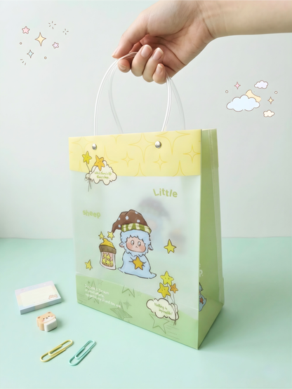 Hand holding a decorative gift bag with cartoon character on a light green background