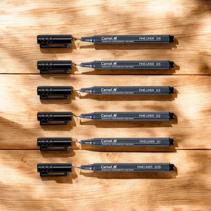 Camel Fineliner Pens - Set of 6 + Free A6 Postcards - Archival Ink