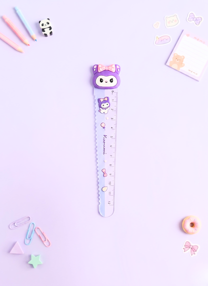Cute purple ruler with cartoon character on a light purple background