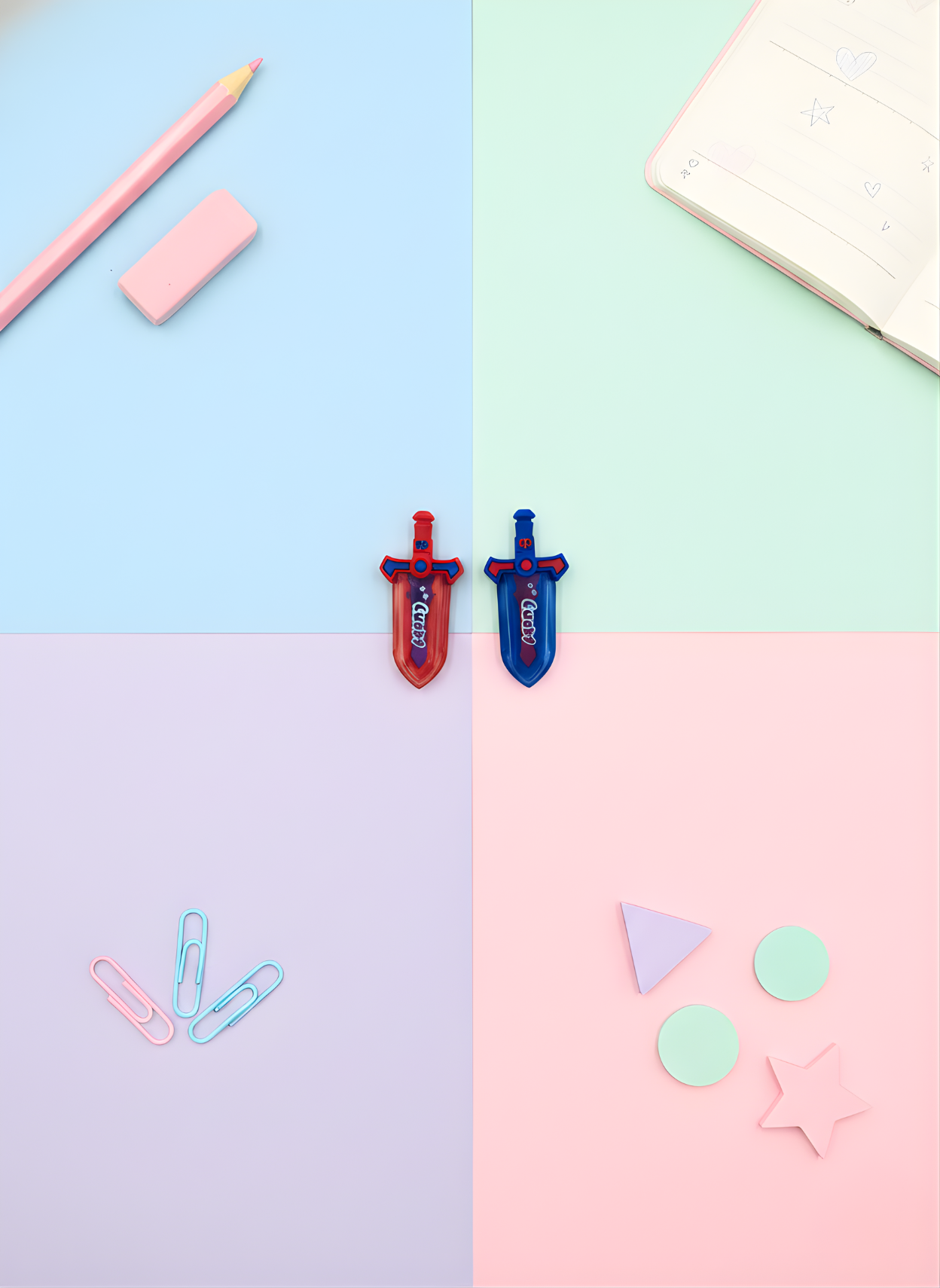 Two colorful erasers on a pastel grid background with stationery items.