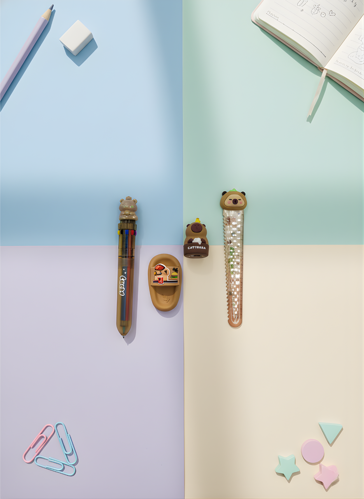 Stationery items including pens, erasers, and clips on a pastel-colored background
