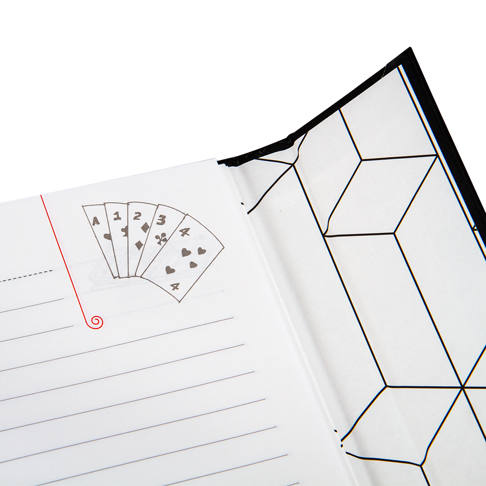 Notebook with geometric design on cover and playing card illustration on page