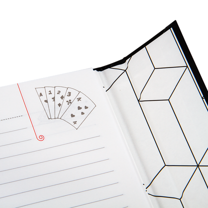 Notebook with geometric design on cover and playing card illustration on page