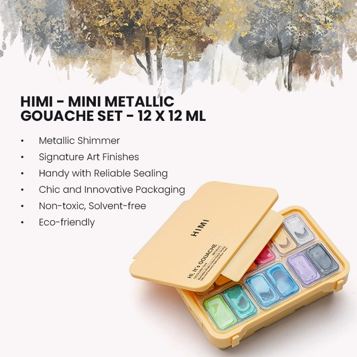 HIMI - Mini Metallic Gouache Paints |12 ml Jelly Cups x 12 Colours |Yellow Case