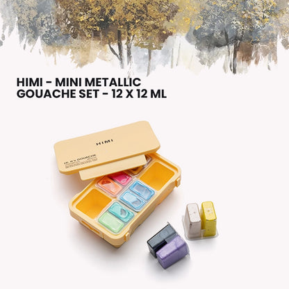 HIMI - Mini Metallic Gouache Paints |12 ml Jelly Cups x 12 Colours |Yellow Case