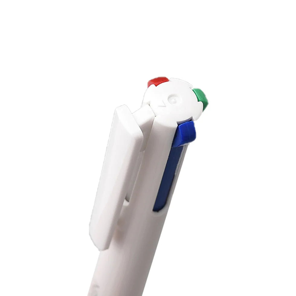 White pen with multicolored clip on a white background