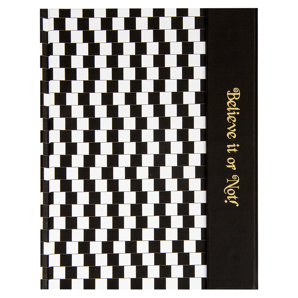 Notebook with black and white checkered design on one side and 'Believe it or Not!' text on the other, on a white background.