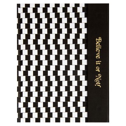 Notebook with black and white checkered design on one side and 'Believe it or Not!' text on the other, on a white background.