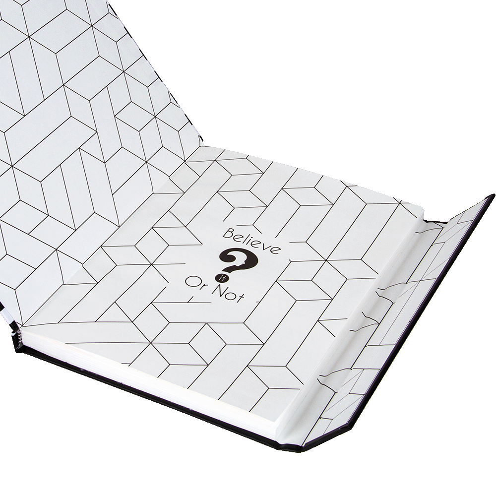Open notebook with geometric pattern and 'Believe Or Not?' text on white background