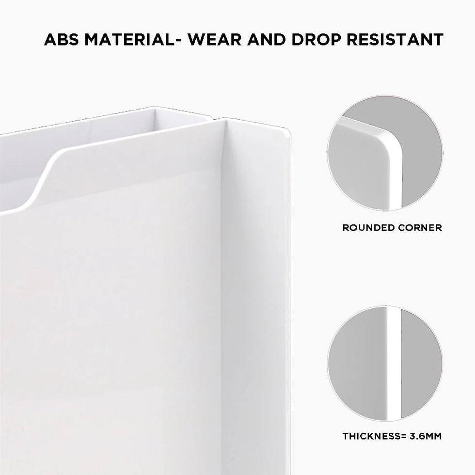 White folder with rounded corners and thickness measurement on a white background