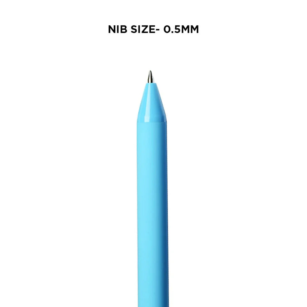 Blue pen with a fine tip on a white background, labeled 'Nib Size - 0.5mm'.