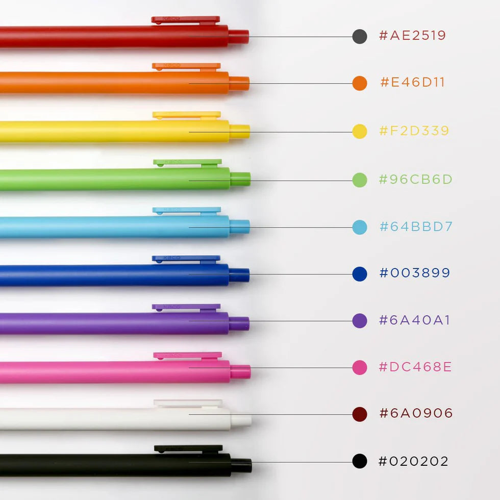 Set of colorful pens with their corresponding color codes on a white background