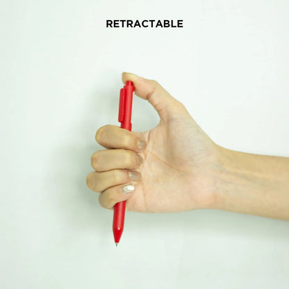 Hand holding a red retractable pen with 'RETRACTABLE' text above on a white background