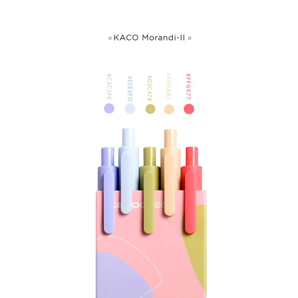 Set of colorful pens with a holder on a white background, featuring the brand 'KACO Morandi-II'.