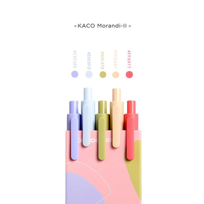 Set of colorful pens with a holder on a white background, featuring the brand 'KACO Morandi-II'.