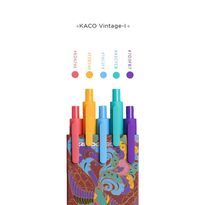 Colorful pens with KACO Vintage branding on a white background