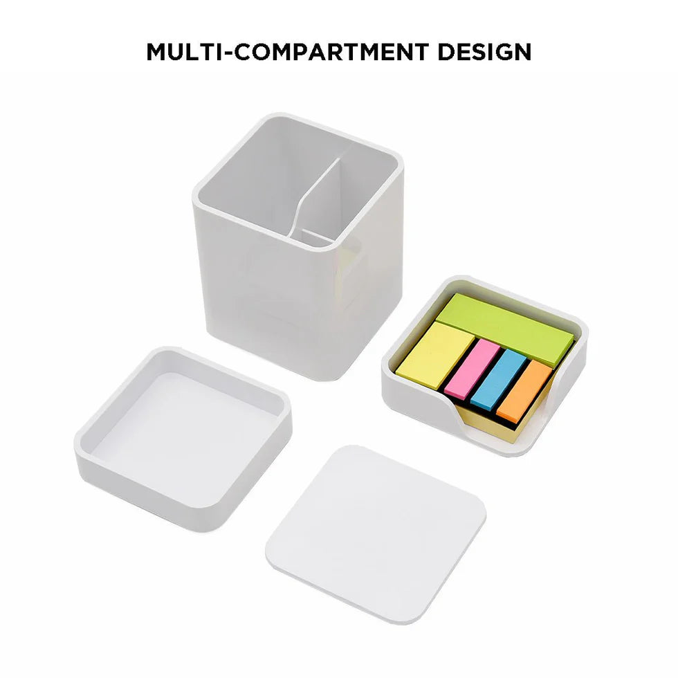 White multi-compartment organizer with colorful sticky notes on a white background