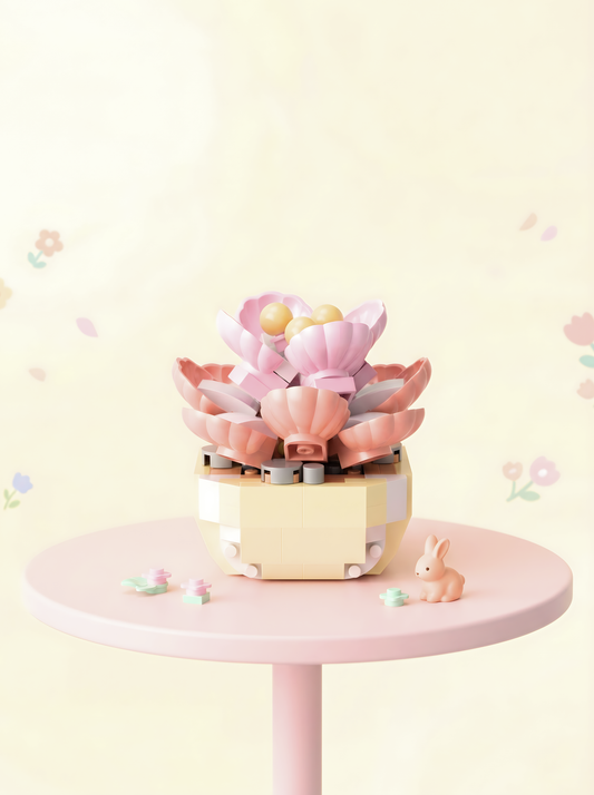 Decorative pink flower-shaped object on a small round table with a light yellow background