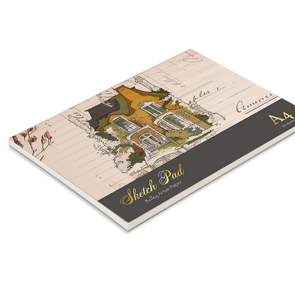 Sketch pad with architectural illustration on a white background