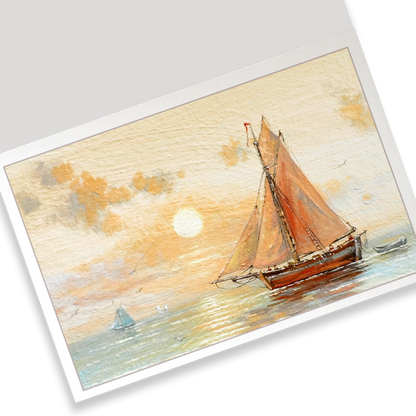 Painting of a sailboat on water with a sunset background