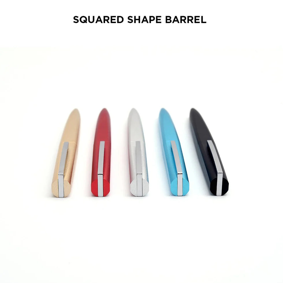 Five pens with squared shape barrels in different colors on a white background.