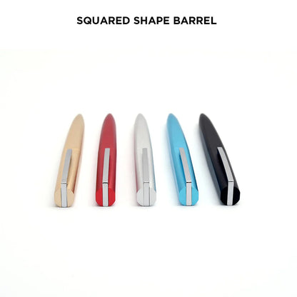 Five pens with squared shape barrels in different colors on a white background.