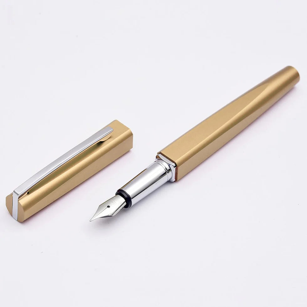 Gold and silver fountain pen on a white background